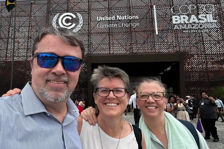 Podcast guest speakers Ricardo Zibas, Linden Edgell, and Alexandra Guaqueta at COP30